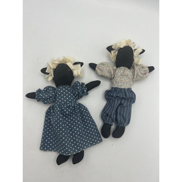 2 Folk Art Primitive Handmade Black Sheep Boy Girl Dress Pantaloons 8" Soft Toy - Picture 2 of 8